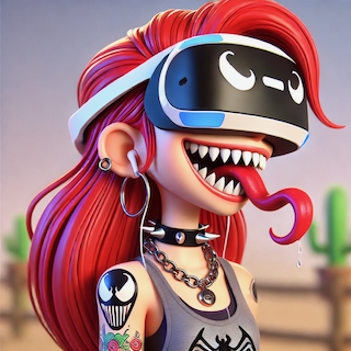 _r0ze with vibrant red hair in a red outfit and black leather jacket, seated on a sofa